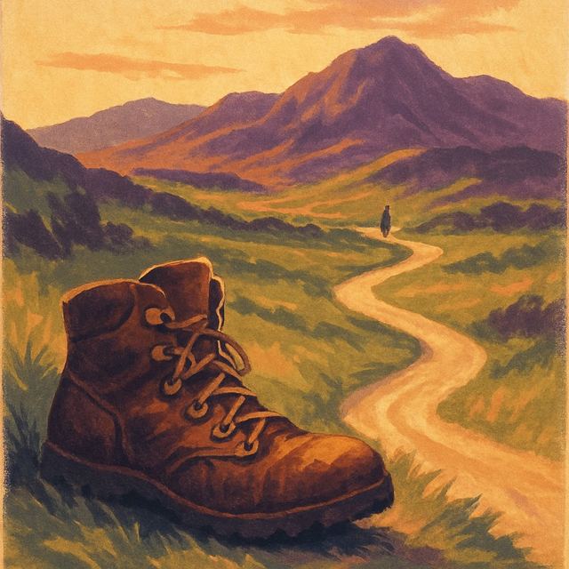 The Painterly Edition cover: a worn walking boot beside a winding footpath at golden hour