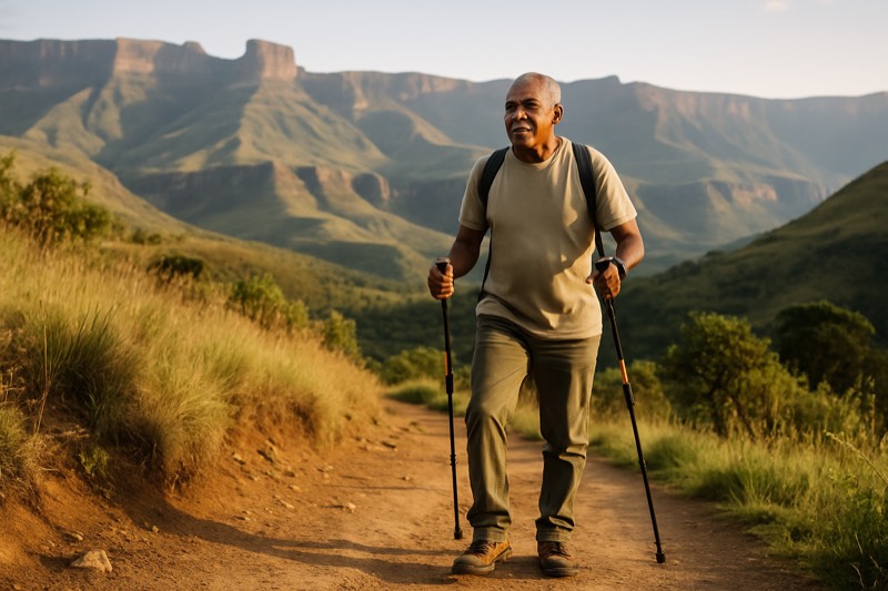 A man in his late sixties walking with Nordic poles on a mountain trail