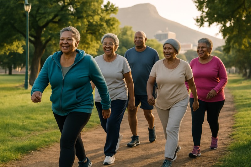 A group of older walkers walking briskly through a park in the morning